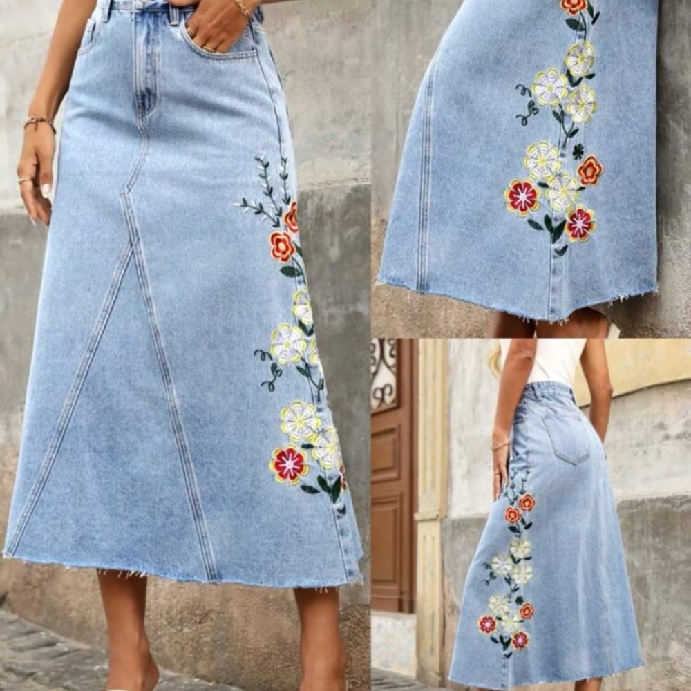 Floral Embroidered A-Line Denim Skirt